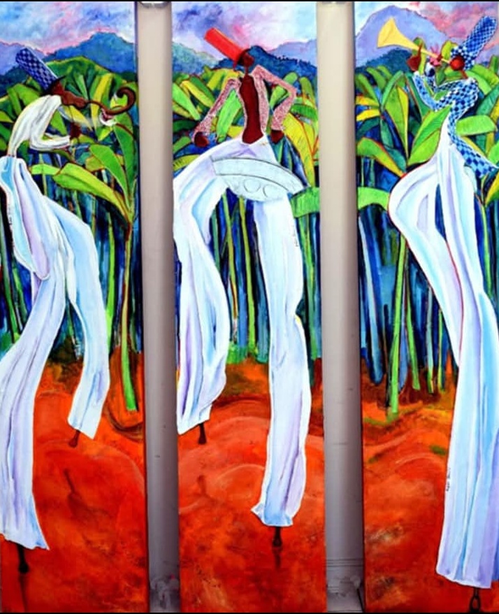 Mokos at Play Set of 3 triptych painting by Amber Shaw
